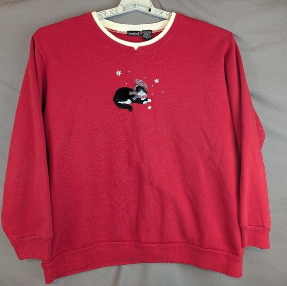 NorthCrest XL Red Sweatshirt Winter Kitty Cat With Snowflakes Vintage - Picture 1 of 10